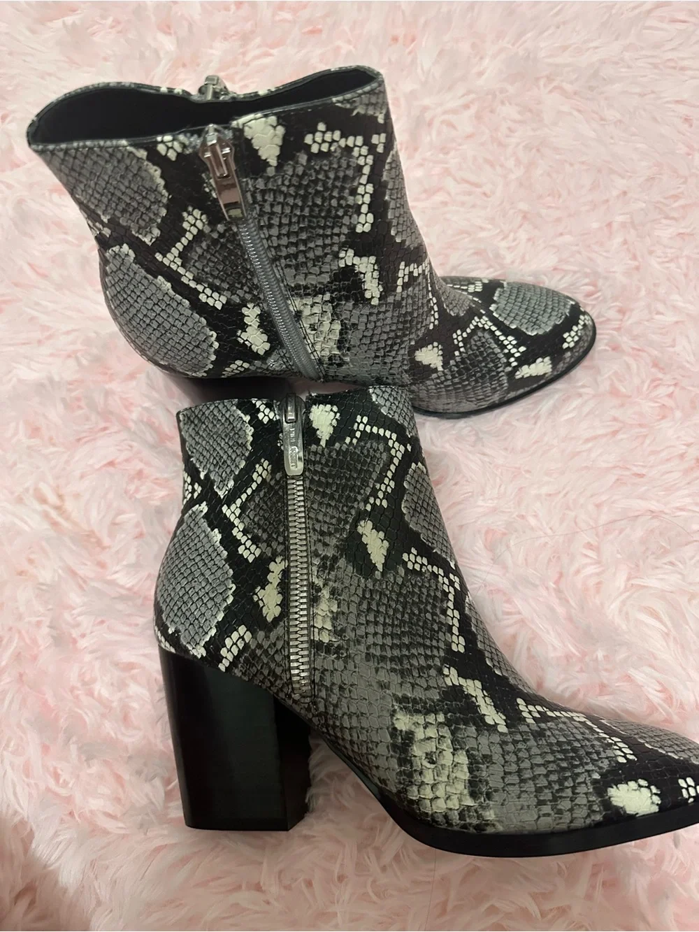 Nine West Black and Gray Snake-Print Ankle Booties